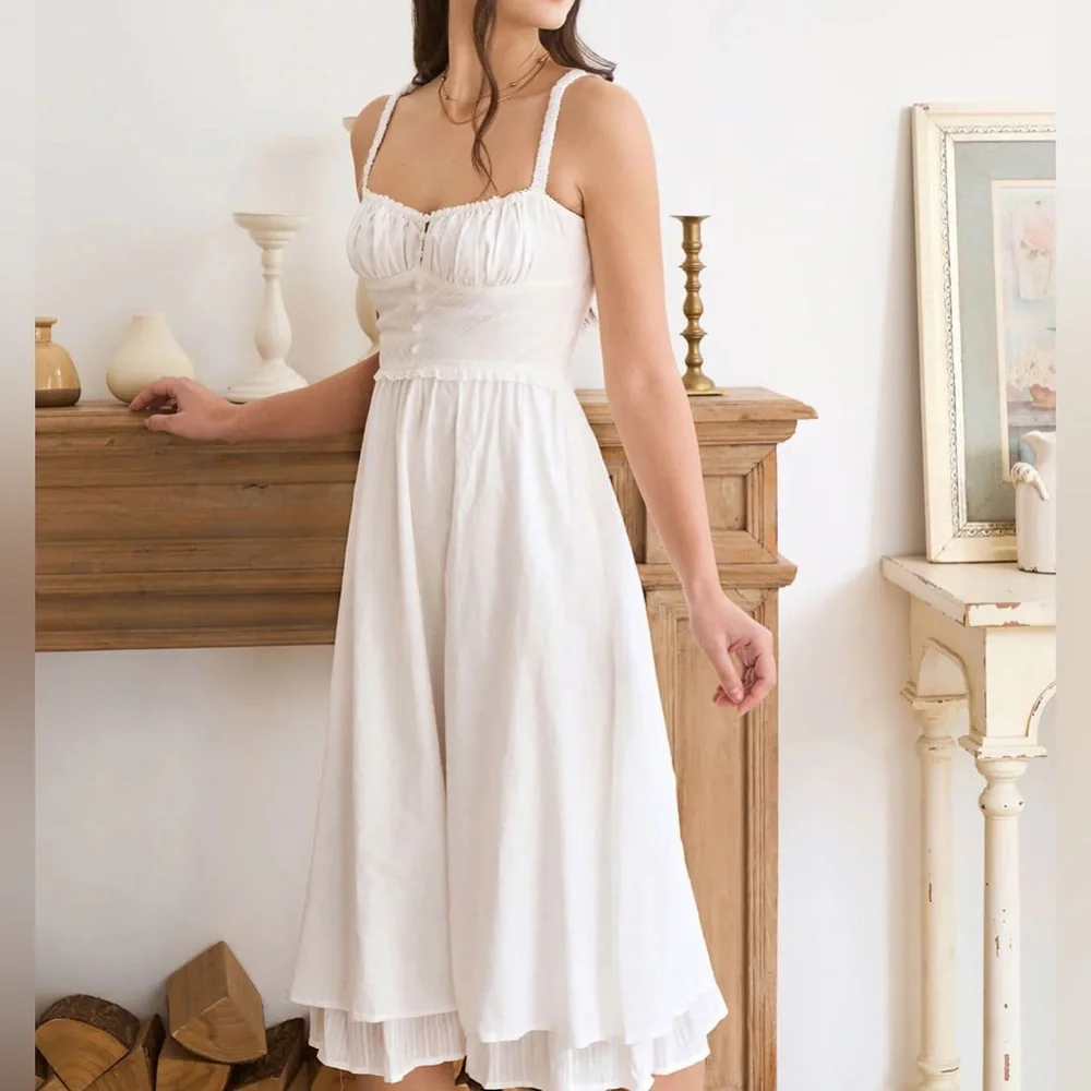 Rihoas White Ruched Slip Cotton Midi Dress - Picture 3 of 9